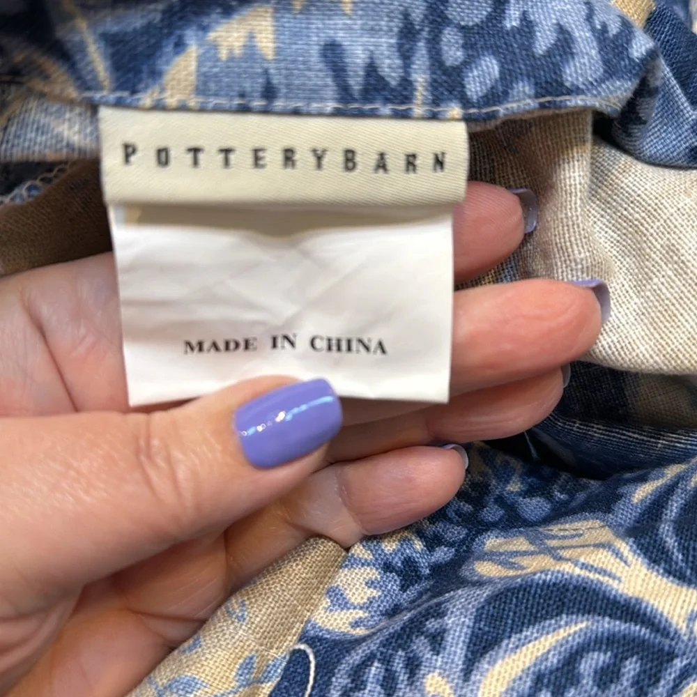 Pottery Barn Pillow Sham Blue Cream Floral Linen Cotton